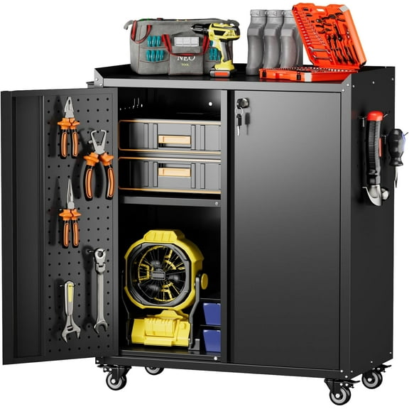 Metal Tool Cabinets with Pegboard and Hooks,Garage Storage Cabinet with Wheels and 2 Lockable Doors for Garage, Home, Office,Assembly Required,Black,13.8" D x 26" W x 34.3" H