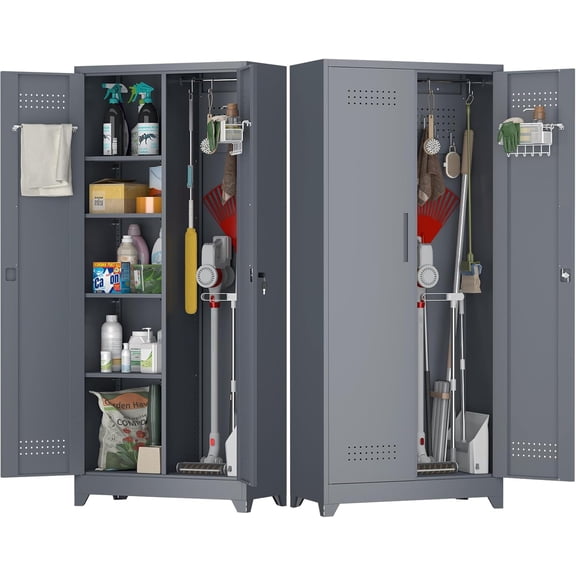 Metal Tool Storage Cabinet, Broom Closet with Hooks, 72.8" Tall Garage Cabinet with Shelves, Heavy-Duty Cleaning Storage for Utility Room, Gym, Office, Garage
