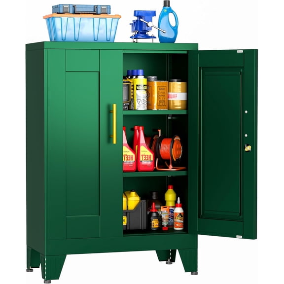 Metal Tool Storage Cabinet with Doors and Adjustable Shelves, Small Locking Garage Storage Cabinet, Green Steel Tool Cabinets with Leveling Feet for Garage, Basement, Office, Utility Room