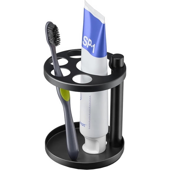 Metal Toothbrush Holder Stand for Bathroom, Ventilated Organizer with Slots for Electric Toothbrushes, Toothpaste, Razors & Small Comb, Black