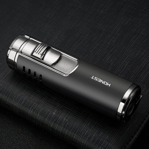 Metal Torch Lighter with Punch, Cylinder Polished Windproof Refillable Fuel Quadruple Jet Red Flame Lighter with Double-Sided Hollow Design, Made of Zinc Alloy, (Fuel Not Included)