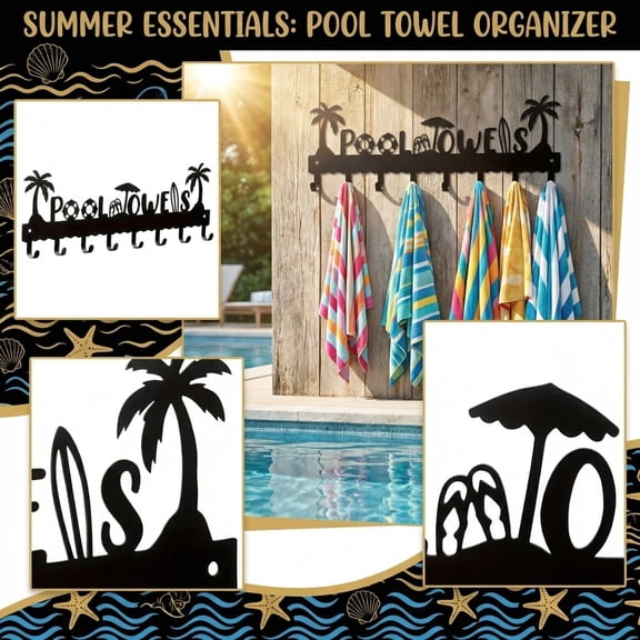 Metal Towel Hooks Wall Mounted, Pool Towel Rack with 8 Hooks for Bathroom Outdoor, Black Coat Key Holder for Robe Swimsuit Storage