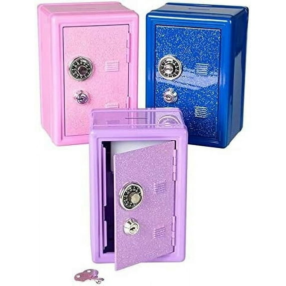 Metal Toy Safe, Locker Bank with Glittery Door, Key Lock plus Combination Lock (Assorted Colors)