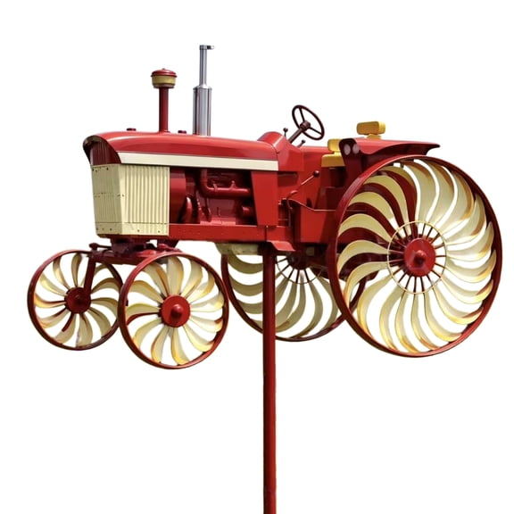 Metal Tractor Wind Spinner for Garden and Yard, Red Farm Decor Stake with Multi Spinner Wheels, 33.46 Inch Outdoor Garden Accent Decor
