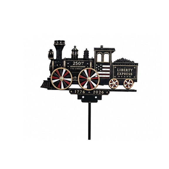 Metal Train Wind Spinner Garden Stake with Rotating Wheels, 250th USA Independence Day Patriotic Vintage Steam Locomotive Windmill Decor, Outdoor Garden Lawn Weather Resistant Metal Wind Ornament