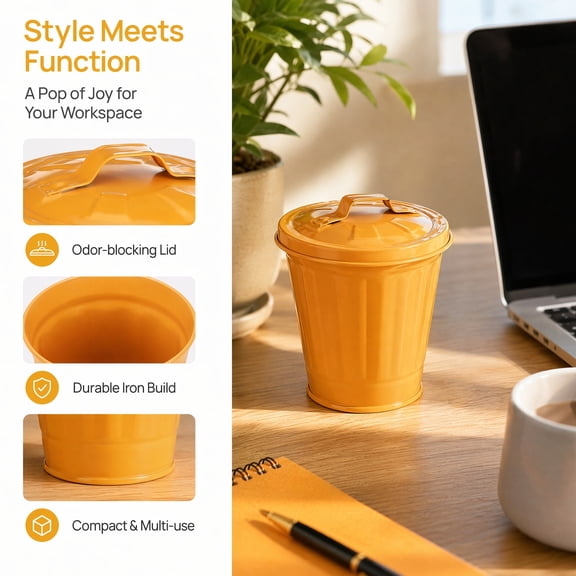 Masteelf Yellow Iron Desk Trash Can with Lid for Barbecue Use and Daily Life 70-