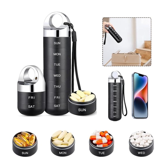 Metal Travel Pill Organizer 7 Day Daily Medicine Organizer Holder for Vitamin, Fish Oil, Supplement
