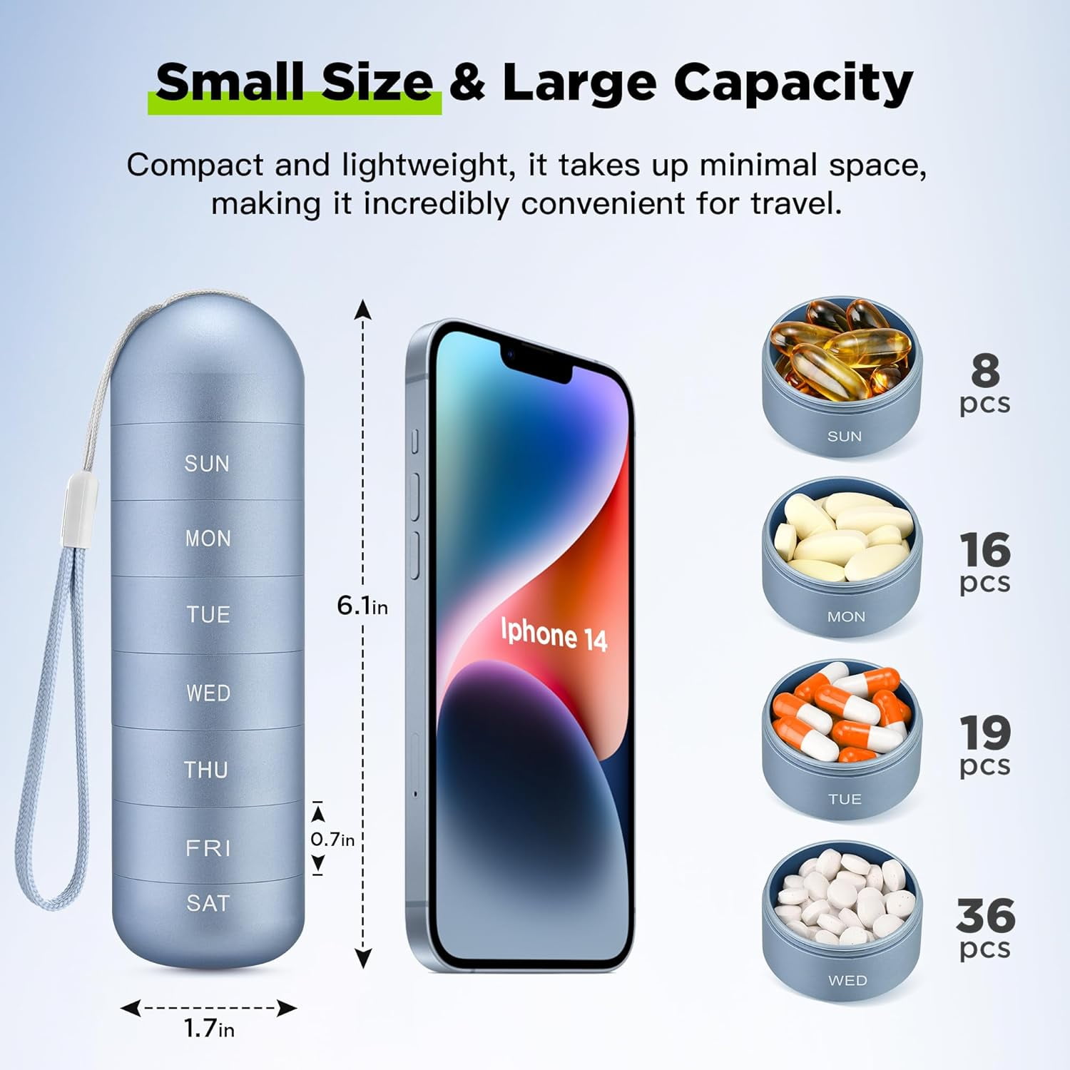 Metal Travel Pill Organizer, Portable Waterproof Weekly Pill Box, Large Aluminum Alloy Pill Case Container, BPA Free 7 Day Daily Medicine Organizer Holder for Vitamin, Supplement