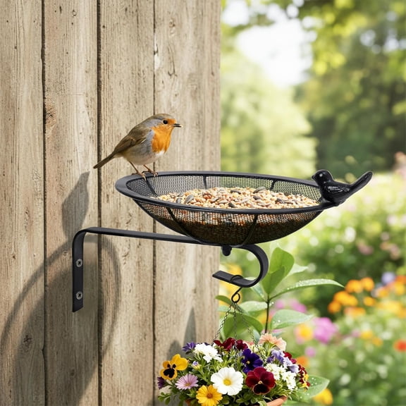 Metal Tray Bird Feeder - Summer Heavy Duty Mesh Seed Tray for Wild Birds Hummingbird, Wall Tree Fence Table Mountable Platform Feeder with Hanging Hook in Deck Balcony Garden Backyard