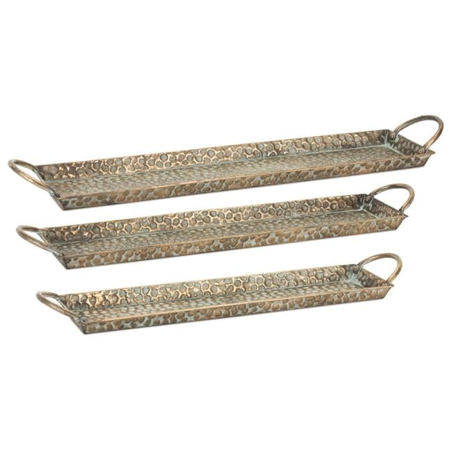 Elegant Trio Metal Decorative Trays in Gold, Silver, and Blue