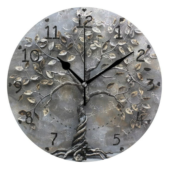 Metal Tree Round Wall Clock Silent Analog Battery Operated Black Pointer Home Decor 9.84" Diameter