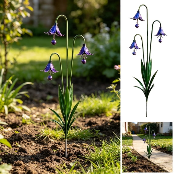 Metal Triple Bluebell Outdoor Decorative Garden Stakes, Rustic Patio Garden Decor, Wind Chime Effect with Gentle Ringing Sound