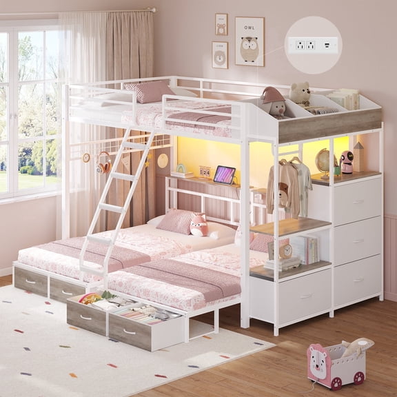 Metal Triple Bunk Bed for 3 Teens/Adults, Full over Twin over Twin Bunk Beds with 8 Storage Drawers, LED Lights, Charging Station, Headboard, Triple Bunk Bed Frame with Guardrails & Ladder, White