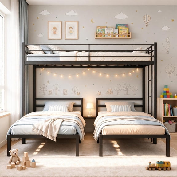 Bellemave Metal Triple Bunk Bed, Twin Over Twin Over Twin with Storage, Guardrails, Ladder, 3 Bunk Beds for Kids, Converts to 3 Separate Twin Beds, Easy Assembly, Black
