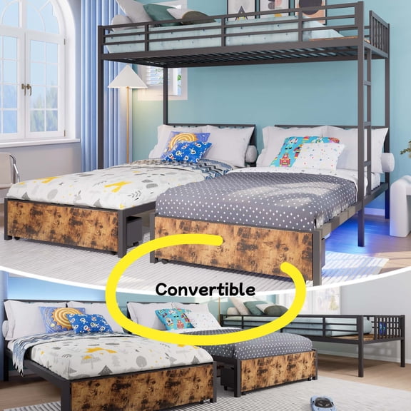 Metal Triple Bunk Bed, Converts to 3 Twin Beds, Heavy Duty Frame with Guardrails & Noise Reduction, Space Saving, Black