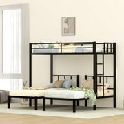 Metal Triple Bunk Bed For 3, Over & Size Detachable Bunk Bed Can Be Divided Into Three Beds, Heavy-Duty Steel Frame Bunk Beds With Built-In Ladder For Kids, Teens, Adult（Black）