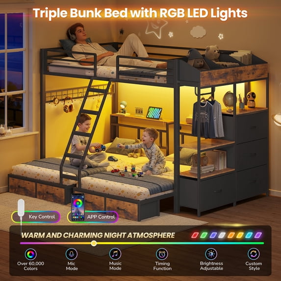 Metal Triple Bunk Bed Full over Twin over Twin Bunk Beds with Headboard & LED Lights, 3 Bed Triple Bunk Bed Frame with Charging Station, 8 Storage Drawers, Shelves, Guardrail and Ladder, Black