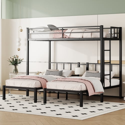 Metal Triple Bunk Bed for Kids,Twin Over Twin Over Twin Bunk Bed with Full-Length Guardrail and Ladder,Separates Into 3 Twin Beds,Noise Reduced Structure,Black