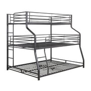 Metal Triple Bunk Bed Twin over Full over Queen Size, 3-in-1 Bed Frame with 2 Built-in Ladders and Full-length Guardrails for Kids Teens, Modern Triple Bunk Bed for 3, Black