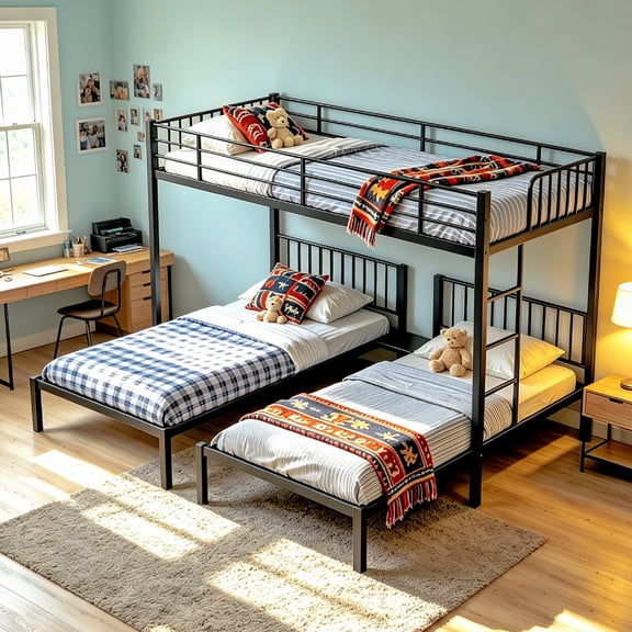 Metal Triple Bunk Bed, Twin Over Twin Over Twin Bunk Bed Frame with Guardrails and Ladder, Heavy Duty 3-Bed Converts to Individual Beds, Space-Saving Family Sleep Solution for Bedroom Guest Room