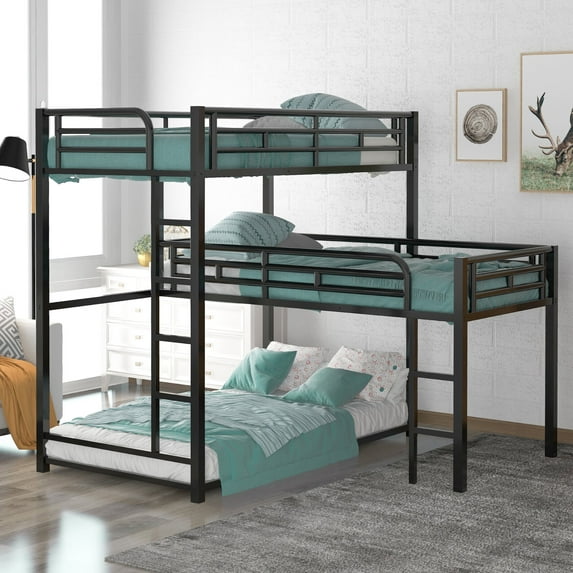 Metal Triple Bunk Bed, Twin Over Twin Over Twin Bunk Beds with Ladder and Full Length Guardrail, Space Saving L-Shaped Bunk Bed Frame , Black