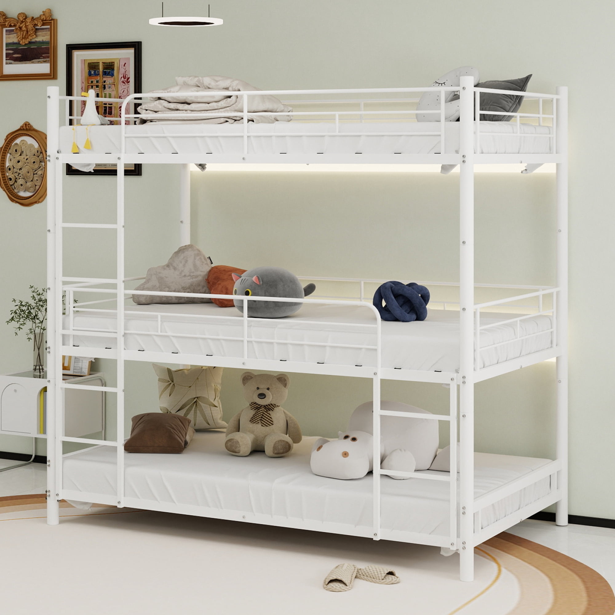Metal Triple Bunk Bed, Twin Over Twin Over Twin Heavy Duty Bunkbeds with Full-Length Guardrail Family-Friendly for All Ages, Bedroom, No Box Spring Needed, Easy Assembly
