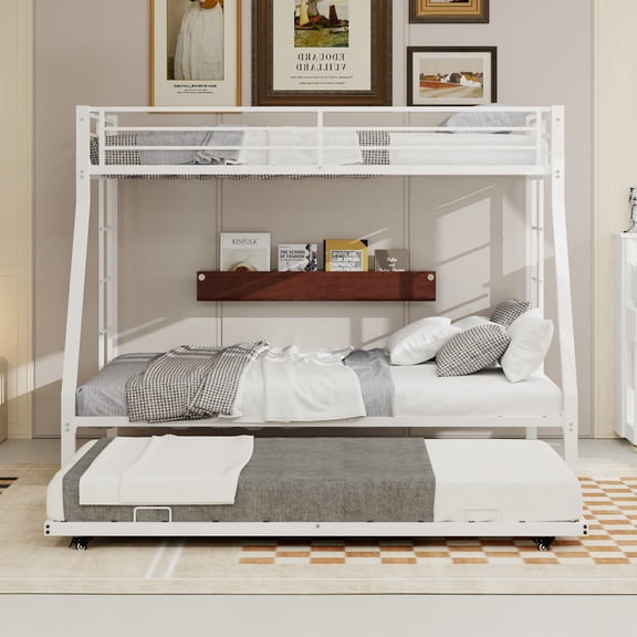 Metal Triple Bunk Bed Twin-XL Over Queen with Pull-Out Twin Trundle, Durable White Steel Frame, Space-Saving 4-Sleeper Bunk Bed for Guest Room, White