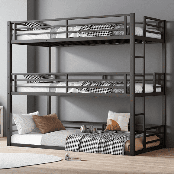 Metal Triple Bunk Bed, Twin XL over Twin XL over Twin XL, Space-Saving Heavy-Duty Frame, Full Safety Guardrails & Noise-Reduced Design, for Shared Rooms & Small Spaces, Black