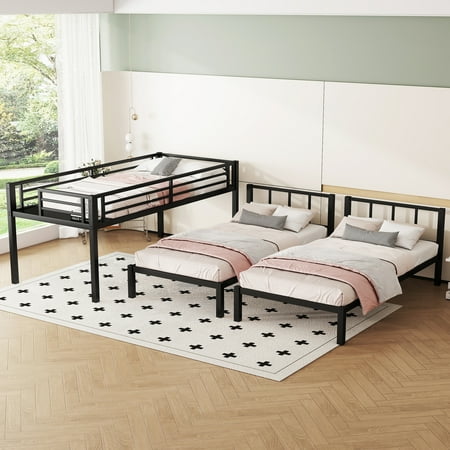 Metal Triple Bunk Bed, Twin over Twin & Twin XL for 3, Space-Saving L-Shape Detachable Design, Safety Guardrails & Storage Shelf, Black