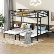 Metal Triple Bunk Beds Full Over Bed With Upper Built-In Shelf , 3 2 Ladders For Kids, Teens, Adults ,Black Triple Bunk(Full//)