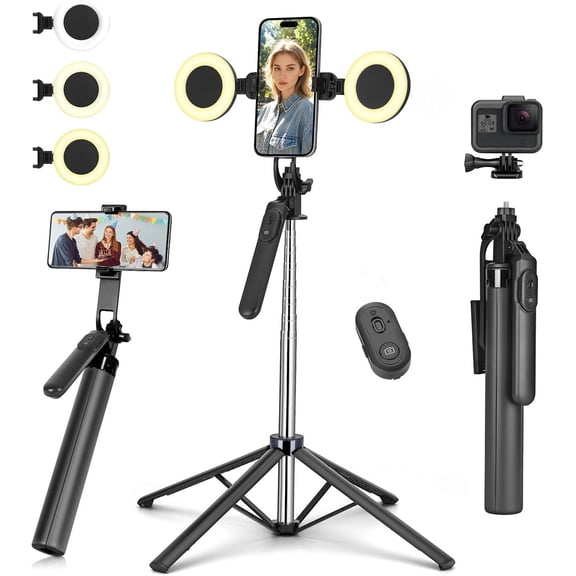 Metal Tripod for iPhone with Light,70 inch Cellphone Selfiestick Remote,Phone Holder Video Recording,Portable Travel Compatible iPhone,Android and Gopro