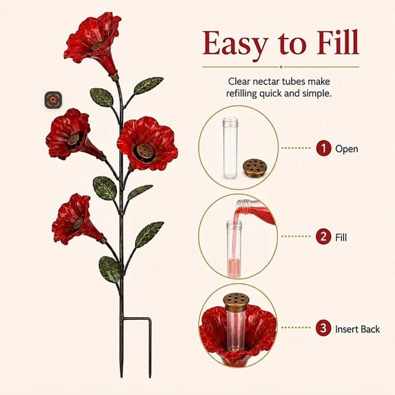 Metal Trumpet Hummingbird Feeder Stake, Red Flower Shape Ground Stake ...