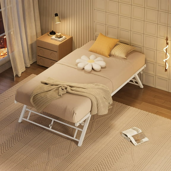 Metal Trundle Bed Frame with Lockable Casters, Twin Size, Steel Slats Support, Noise-Free Design