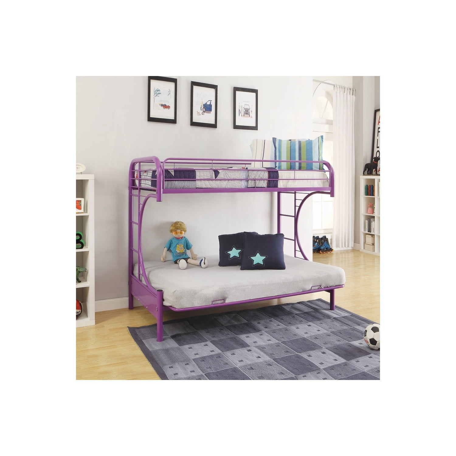 Metal Tube Twin Over Full Bunk Bed with Futon & Ladders, Purple - 78"L