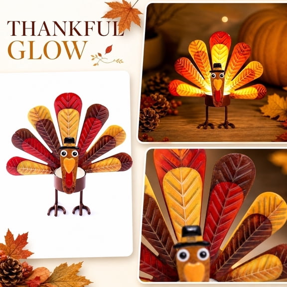 Metal Turkey Tea Light Candle Holder, Thanksgiving Decorations for Home, Vibrant Autumn Feather Design, Festive Table Centerpiece for Dining Room Mantel Party