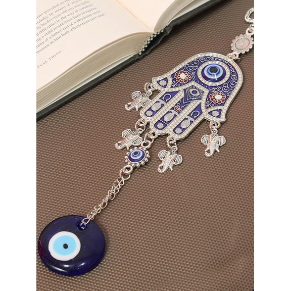Metal Turkish Hamsa Palm Blue Evil Eye Wall Fengshui Items for Home Dcor Hanging Entrance Door Car Dashboard Office Nazar Battu Pendant Ornament Good Luck & Prosperity (25.4 Cm)