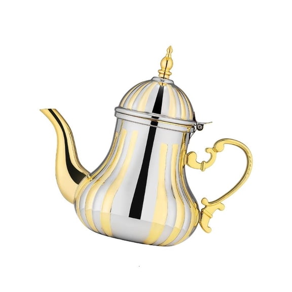Metal Turkish Teapot 1.2L Gold and Silver Pot with Long Spout for Coffee Tea Service