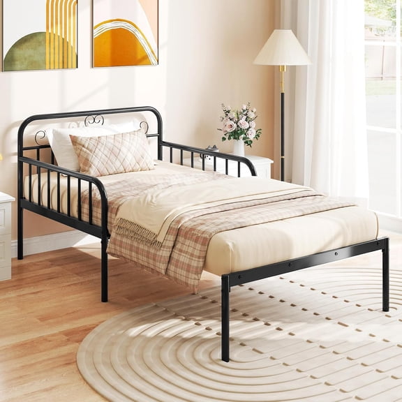 Metal Twin Bed Frame, Convertible Sofa Bed with Headboard & Armrests, Pull-Out Sleeper Chair Bed for Small Spaces Dorm Guest Apartment, Suitable for Folding Sofa Mattress (Black)