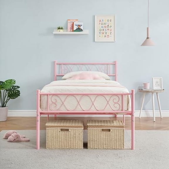 Metal Twin Bed Frame with Headboard and Footboard for Girls and Boys, Twin Size Platform Bed Frame with Iron-Art Sweet Heart, No Box Spring Needed, Easy Assembly