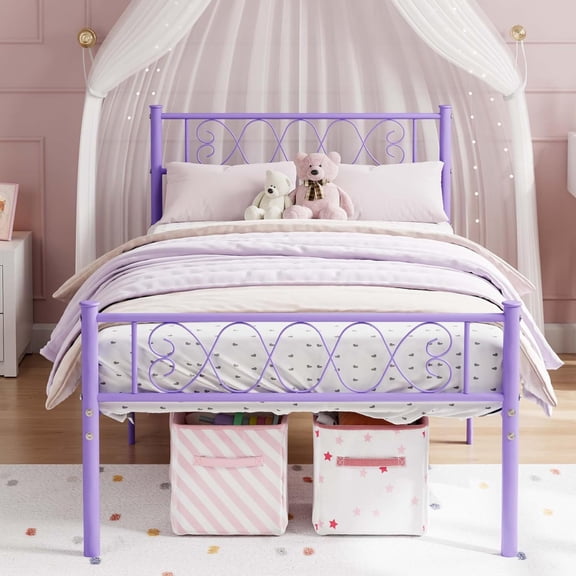 Metal Twin Bed Frame - Headboard and Footboard with Iron Heart Design, Twin Size Platform Bed for Boys and Girls, No Box Spring Needed, Easy Assembly