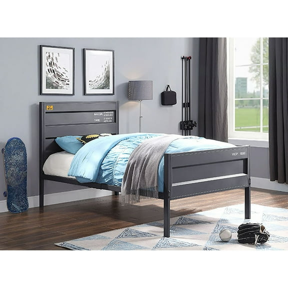 Metal Twin Bed With Industrial Touch, Gunmetal Finish, Bedroom Piece, No Box Spring Theme, Use,