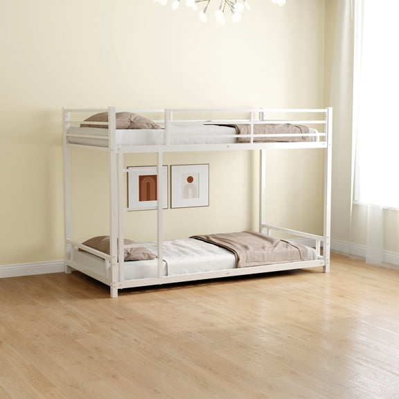 Metal Twin Over Bunk Bed - Constructional Feature Quality, Noise Lowered Substantially, Guardrail Supplied, White & Secure, No Box Spring Needed, Reduced Noise, Finish