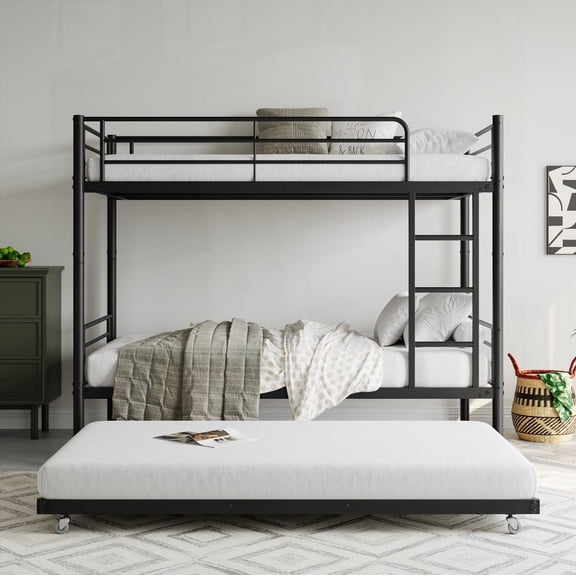 Twin Bunk Bed with Trundle - Metal, Full-Length Guardrail - Space-Saving & Versatile Sleeping Solution