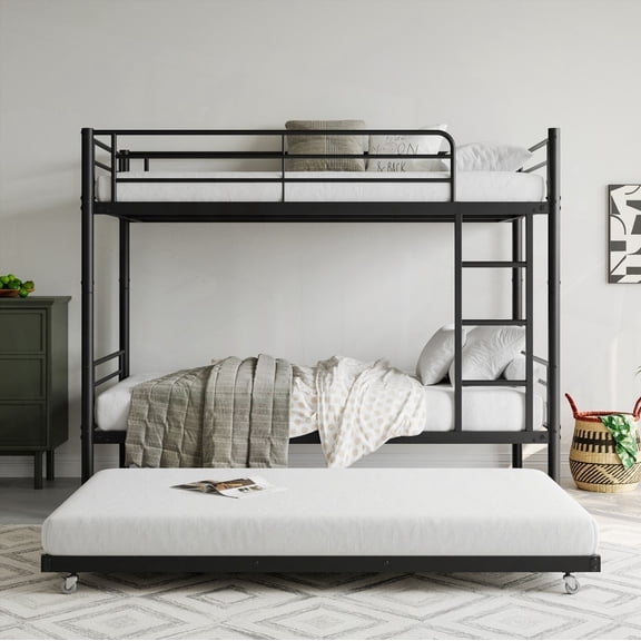 Metal Twin Bunk Bed with Trundle - Noise Free, Sturdy Build (Black)