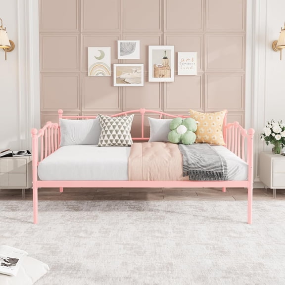 Memoryfield Metal Twin DayBed, Sofa Beds with Steel Slat Support and Headboard, Space-Saving, No Box Spring Needed, for Apartment, Living Room, Small Spaces, Pink