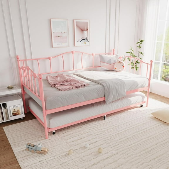 Metal Twin Daybed with Trundle Bed, Twin Size Day Bed with Pullout Trundle and Headboard, Metal Sofa Bed Frame with Steel Slat Support for Living Room, Bedroom, No Box Spring Needed