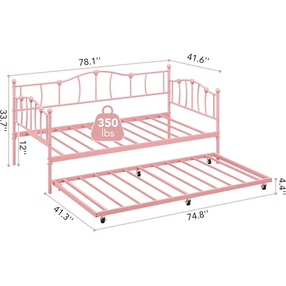 Metal Twin Daybed with Trundle Bed, Twin Size Day Bed with Pullout Trundle and Headboard, Metal Sofa Bed Frame with Steel Slat Support for Living Room, Bedroom, No Box Spring Needed, Pink