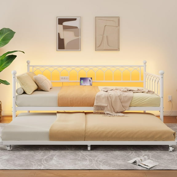 Metal Twin Daybed with Trundle, Built-In Charging Station & LED Lights, Pull-Out Sofa Bed Frame for Living Room, Guest Room, Apartments & Small Spaces