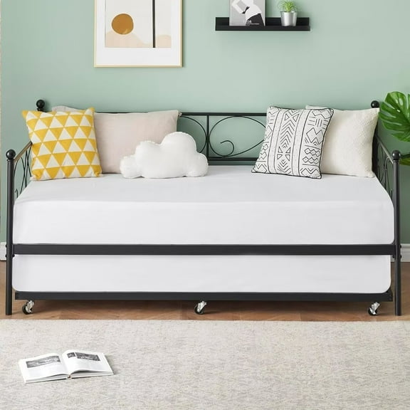 Metal Twin Daybed with Trundle, Steel Slat Support / Easy Assembly
