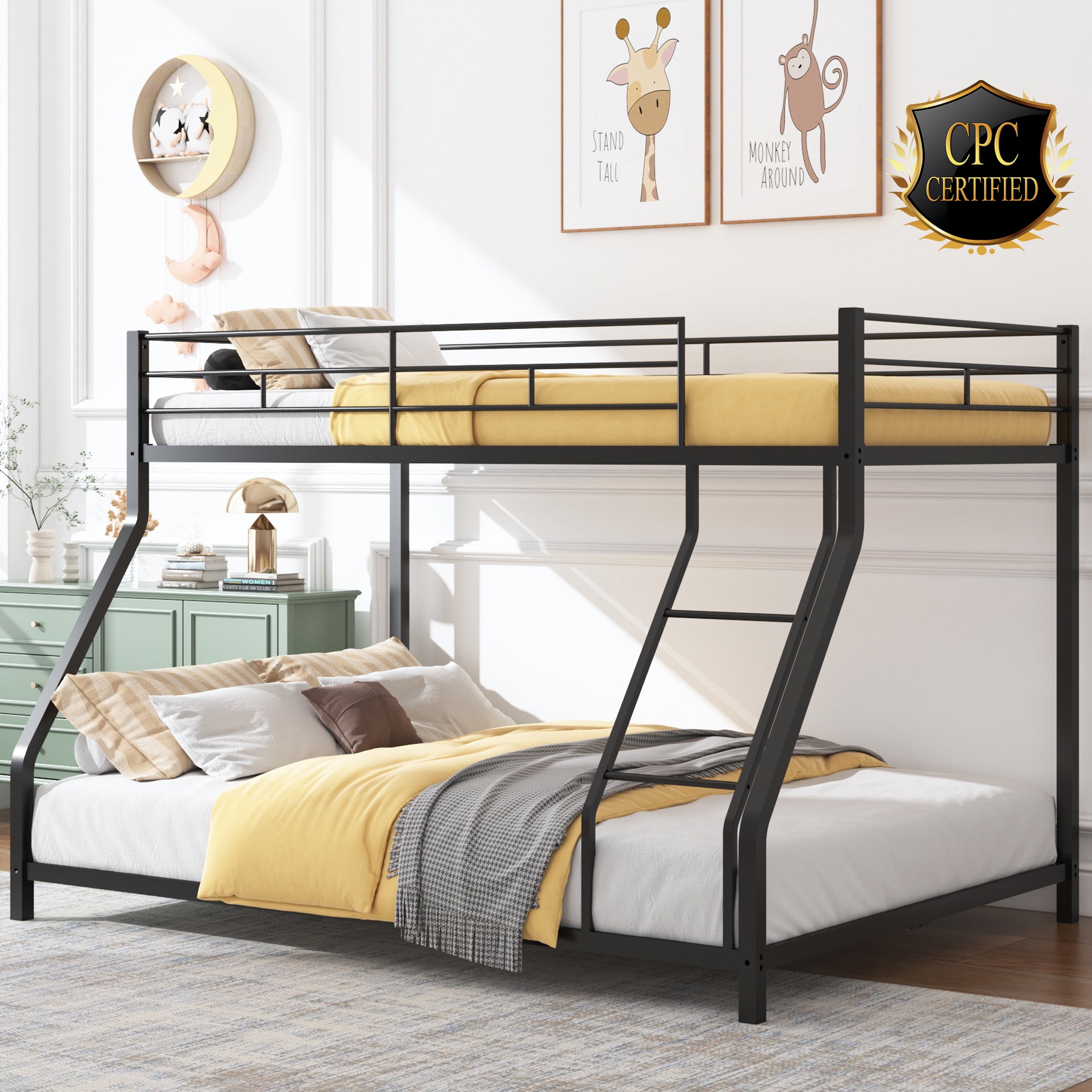 Free Shipping! Metal Twin Over Full Bunk Bed, Heavy-duty Metal Bunk Beds For Kids Twin Over Full Size, Low Profile Metal Bunk Bed with Ladder and Full-Length Guardrail, Modern Kids Room Furniture, Black